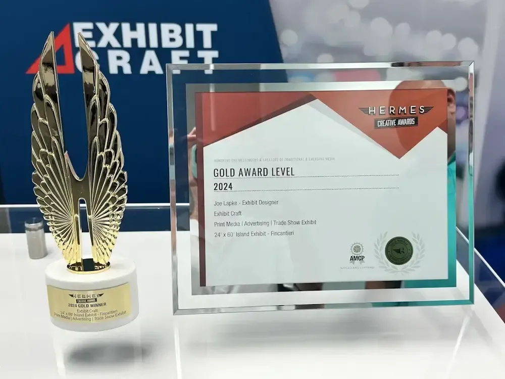 Gold Hermes Creative Awards trophy and certificate for the Fincantieri booth
