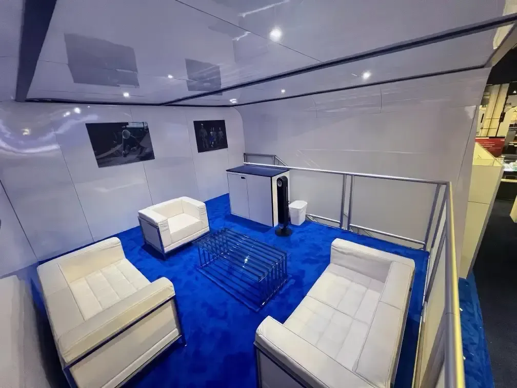Interior of the modern Fincantieri Marine Group booth