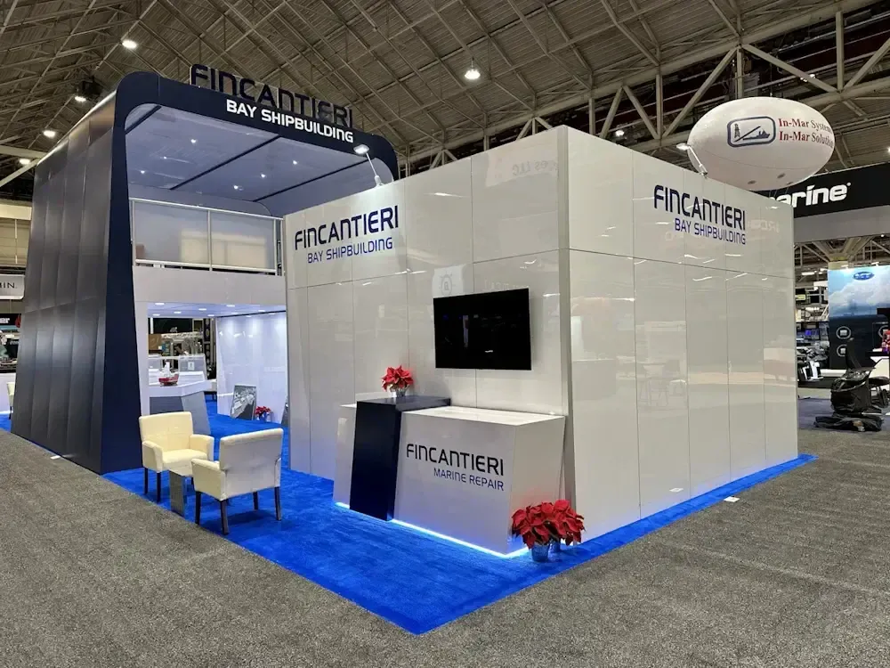 Fincantieri Bay Shipbuilding booth with blue and white decor