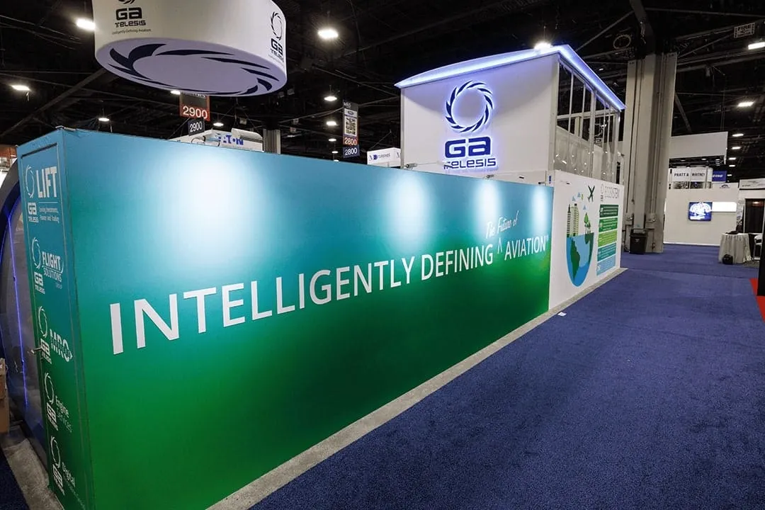 GA Telesis engagement hubs with lounge seating and aviation graphics
