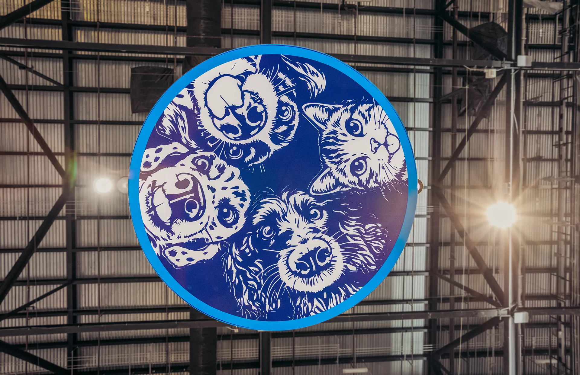 Close-up of the Synergy Labs hanging drum sign with illustrated dogs and cats