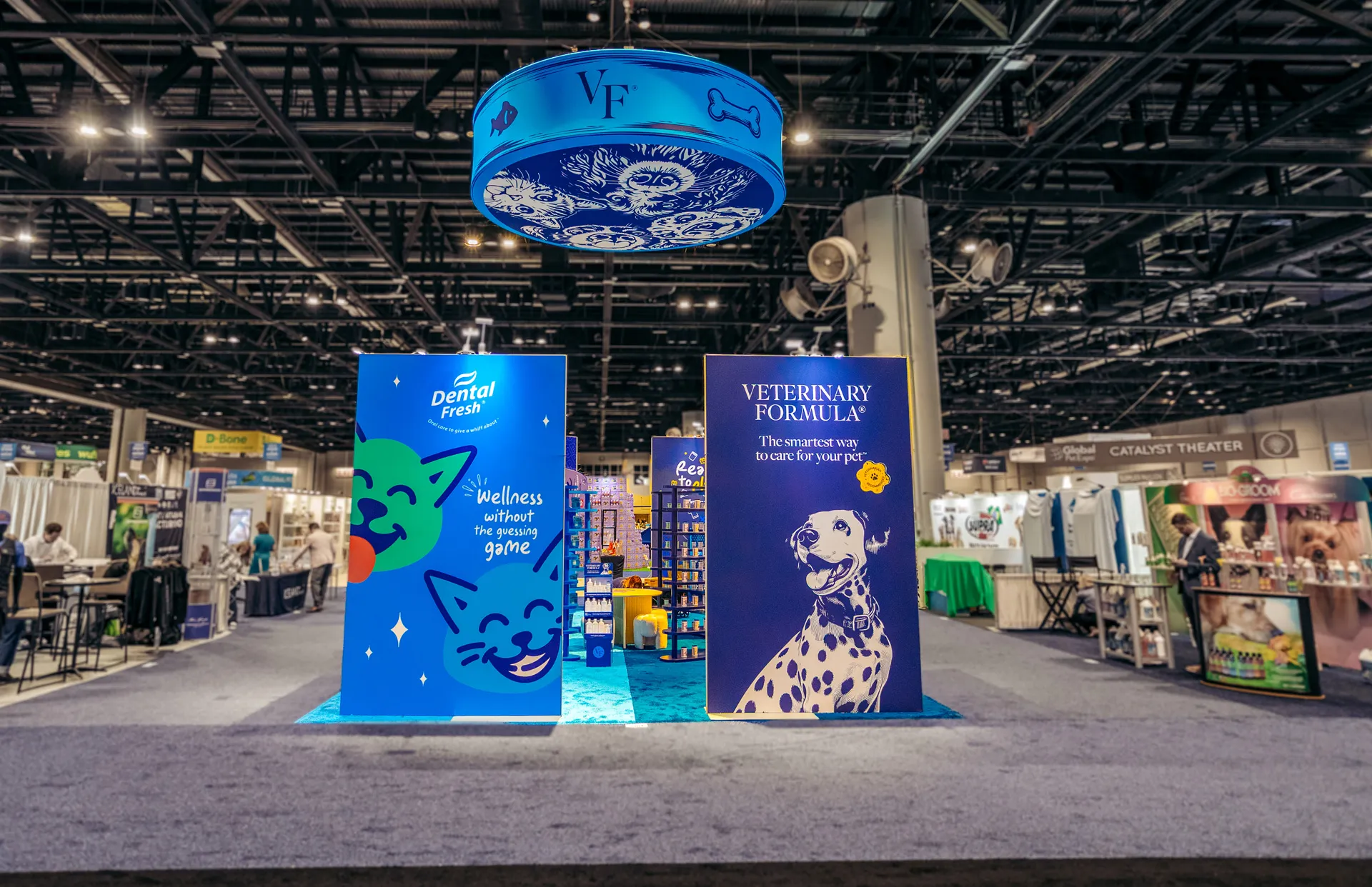Veterinary Formula tower and illustrated pet graphics at the Synergy Labs exhibit