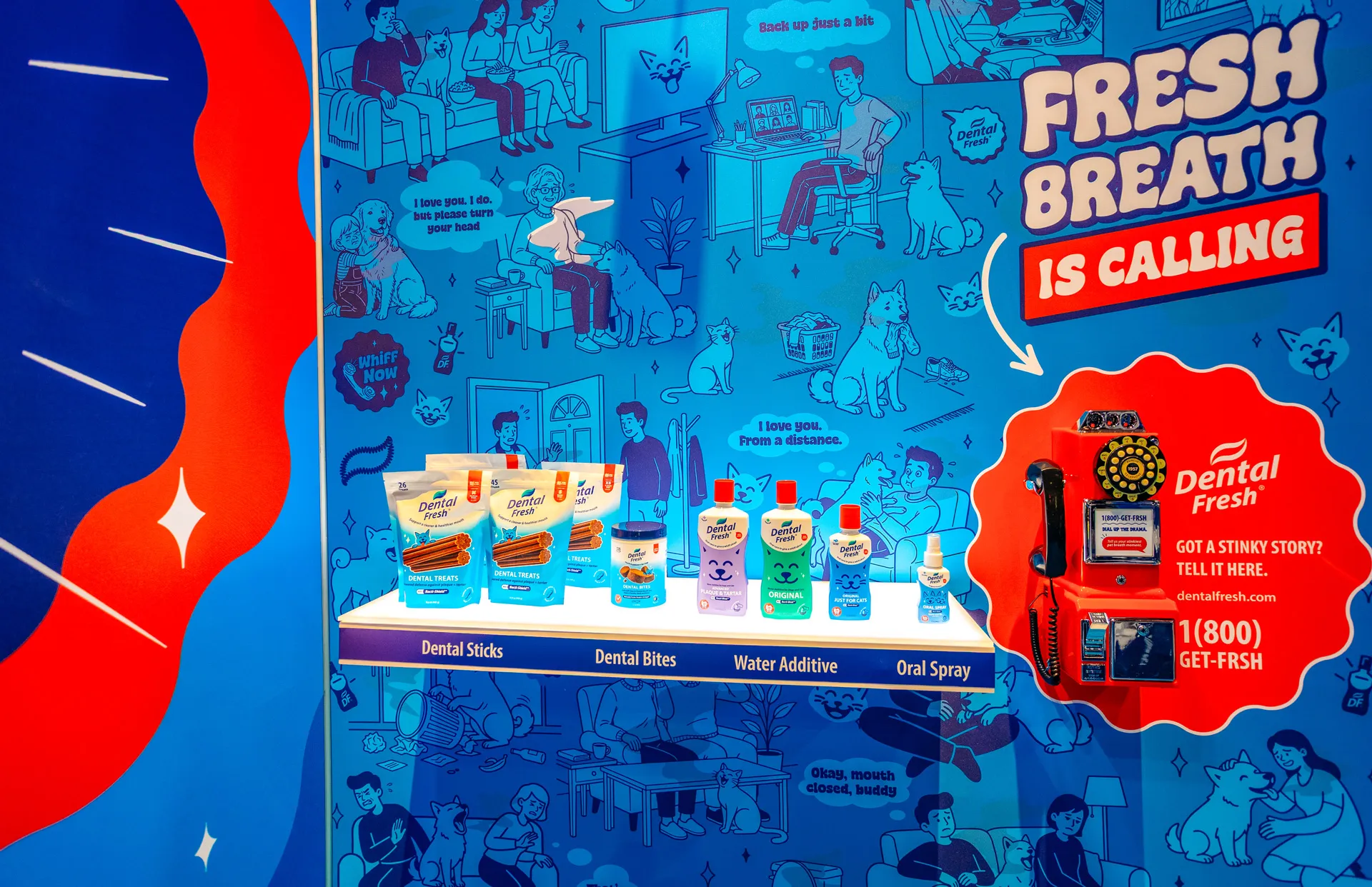 Fresh Breath Is Calling wall with the interactive telephone at the Synergy Labs exhibit
