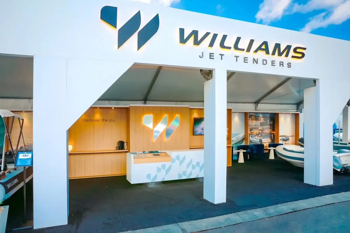 All-white Williams Jet Tenders exhibit at a boat show