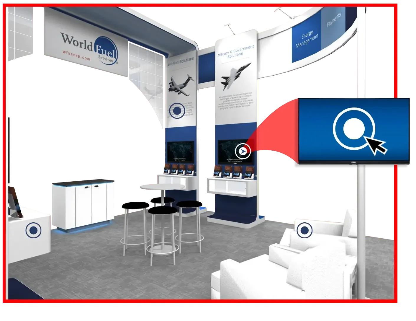 3-D design rendering of a trade show booth with large digital displays, prepared for InfoComm 2026