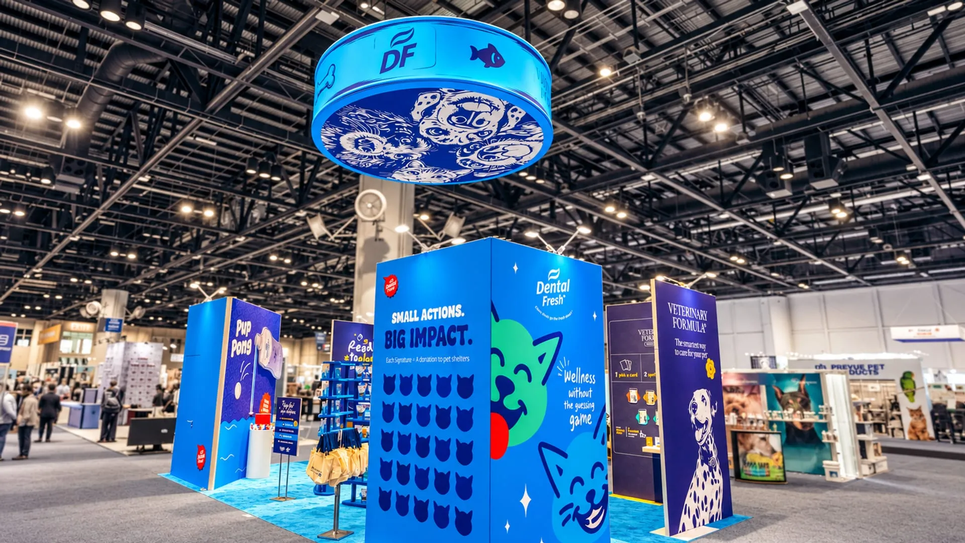 Dental Fresh island exhibit with a circular hanging sign on the show floor