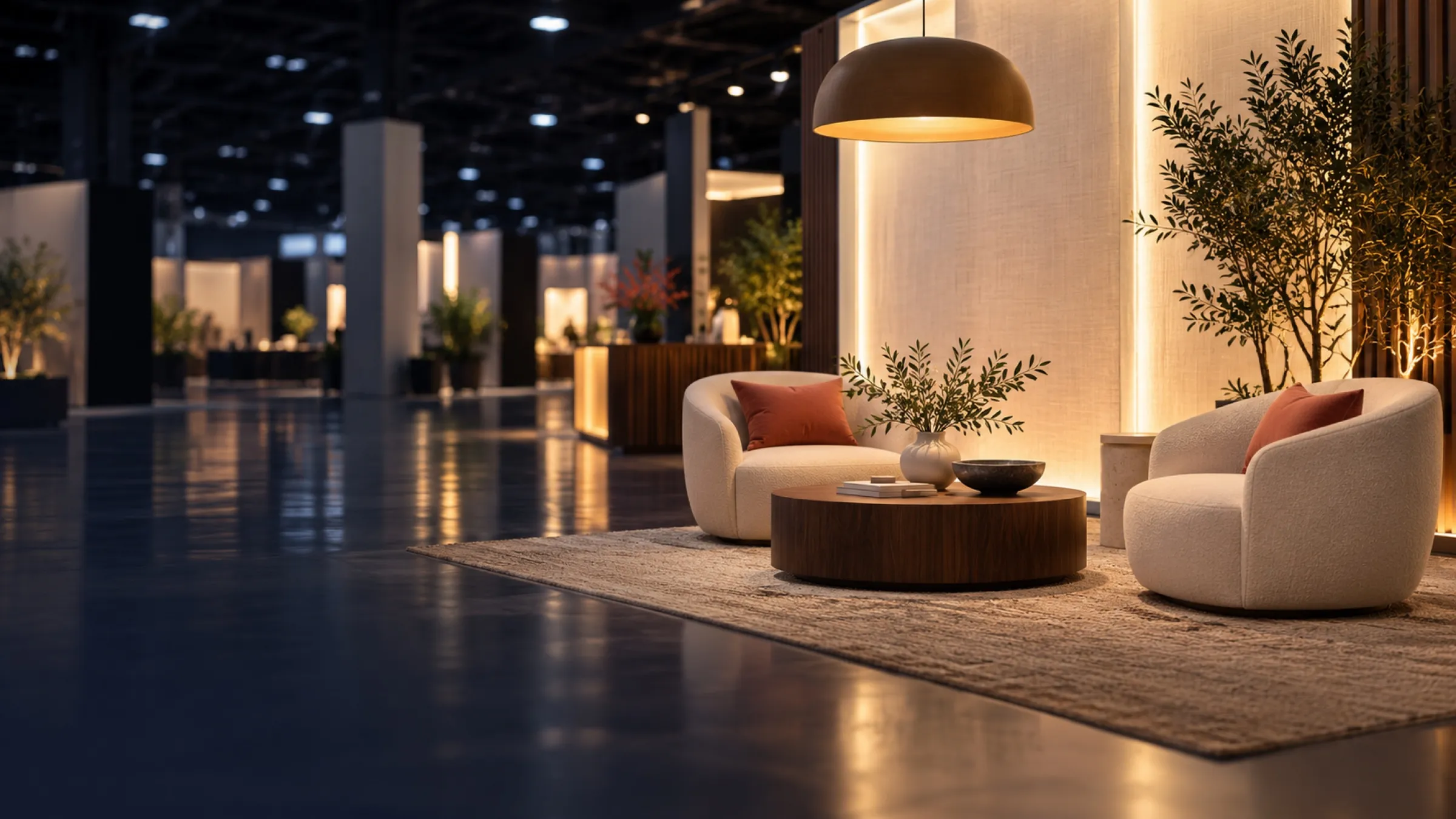 Quiet lounge inside a custom trade show exhibit before the show opens