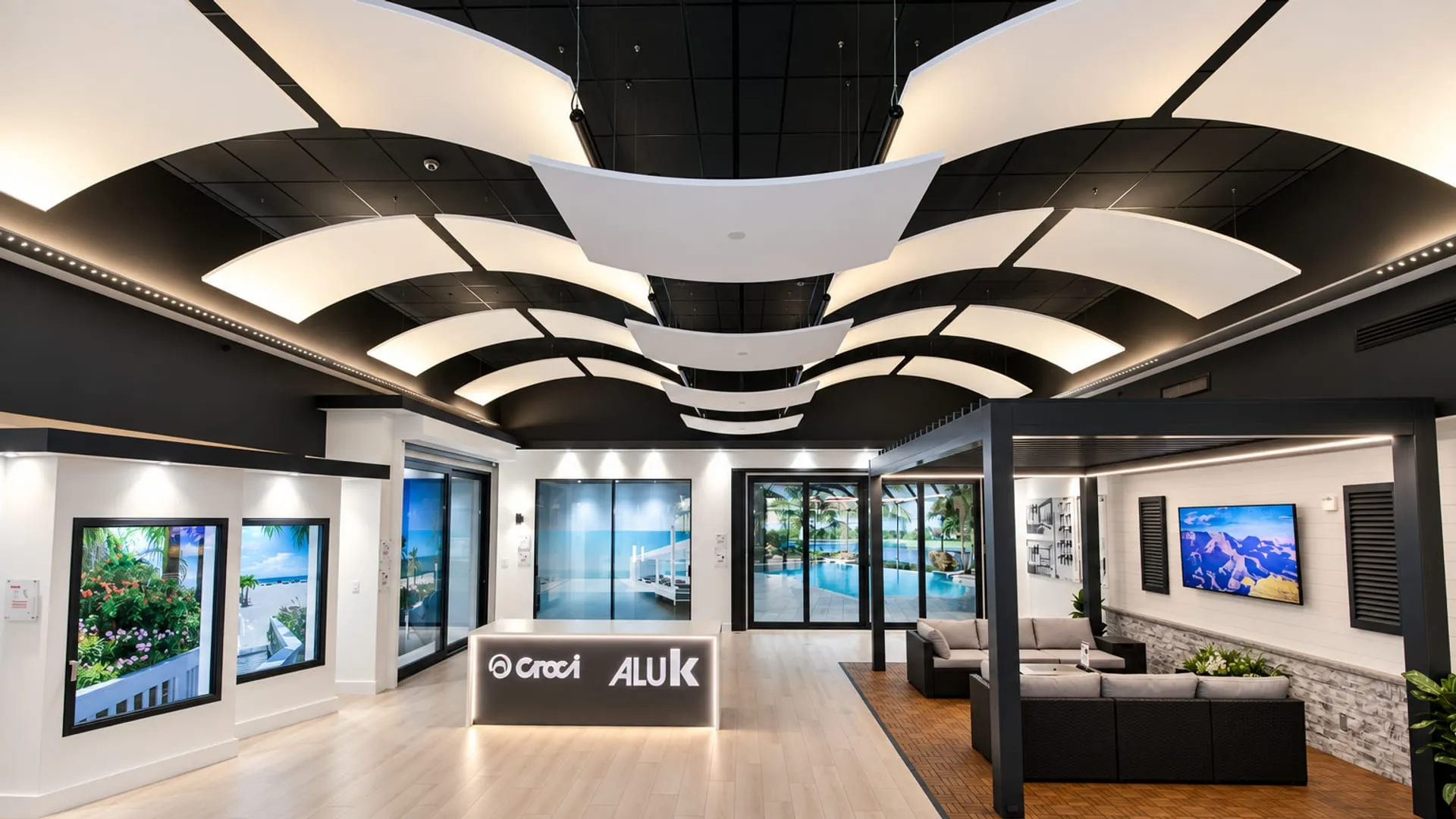 Croci ALUK showroom exhibit with a backlit reception counter and curved ceiling panels