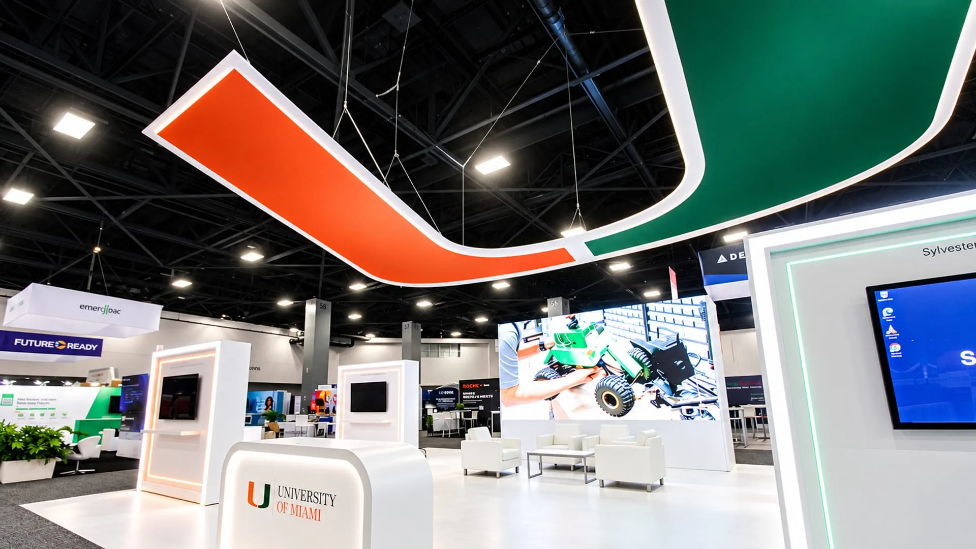 University of Miami island exhibit with the orange and green U hanging sign