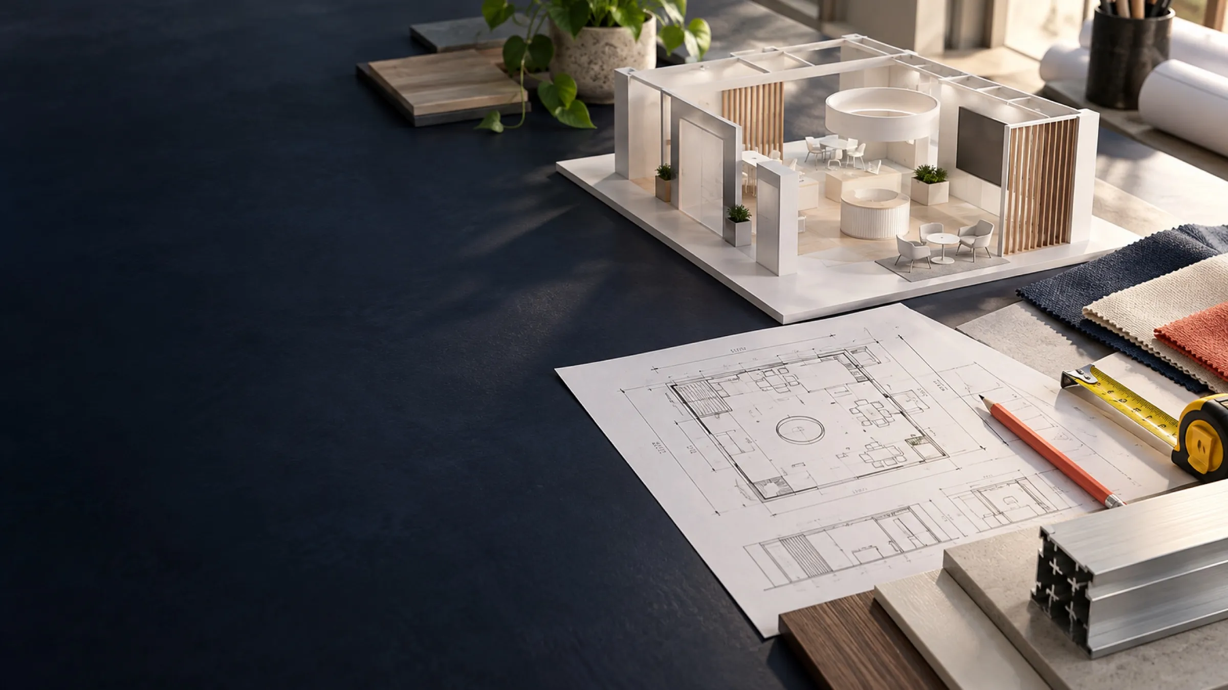 Architectural scale model and exhibit design materials on a studio table