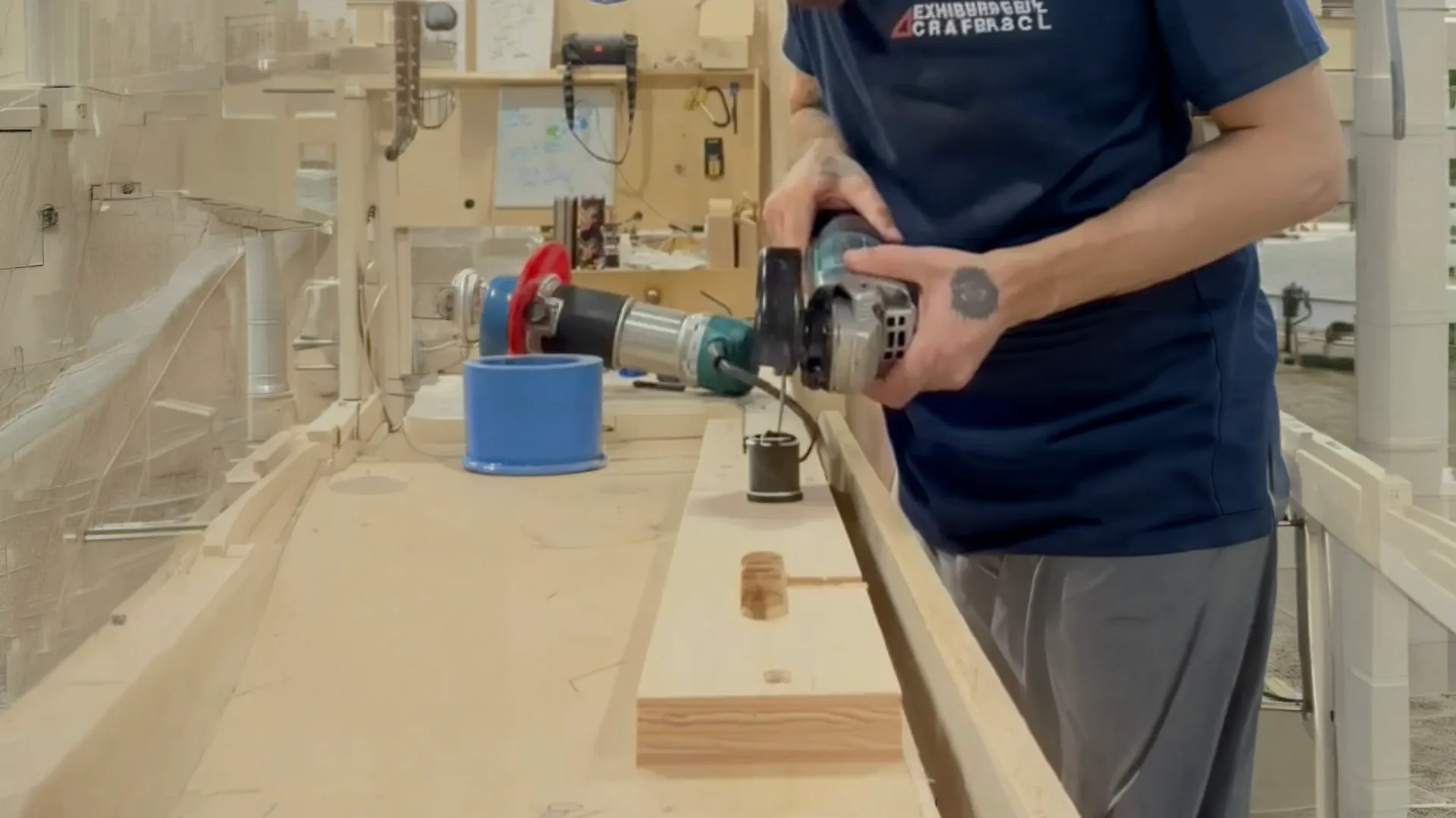 Fabricator routing a booth panel at the Exhibit Craft facility