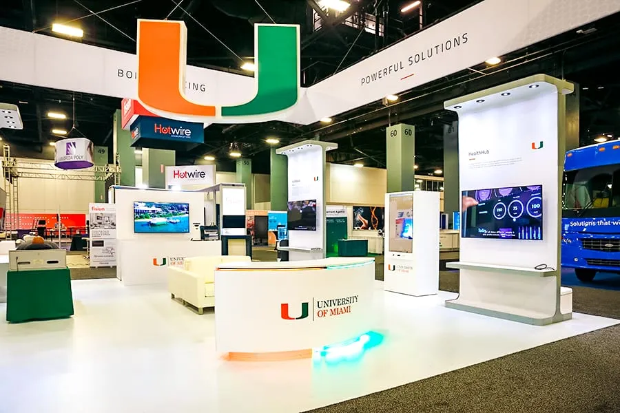 Rental trade show exhibit with backlit displays built by Exhibit Craft
