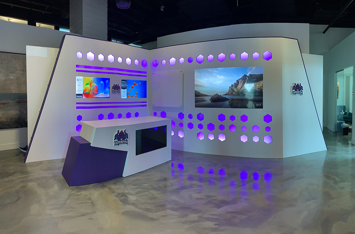 Futuristic exhibit area with digital screens representing modern Trade Show Marketing